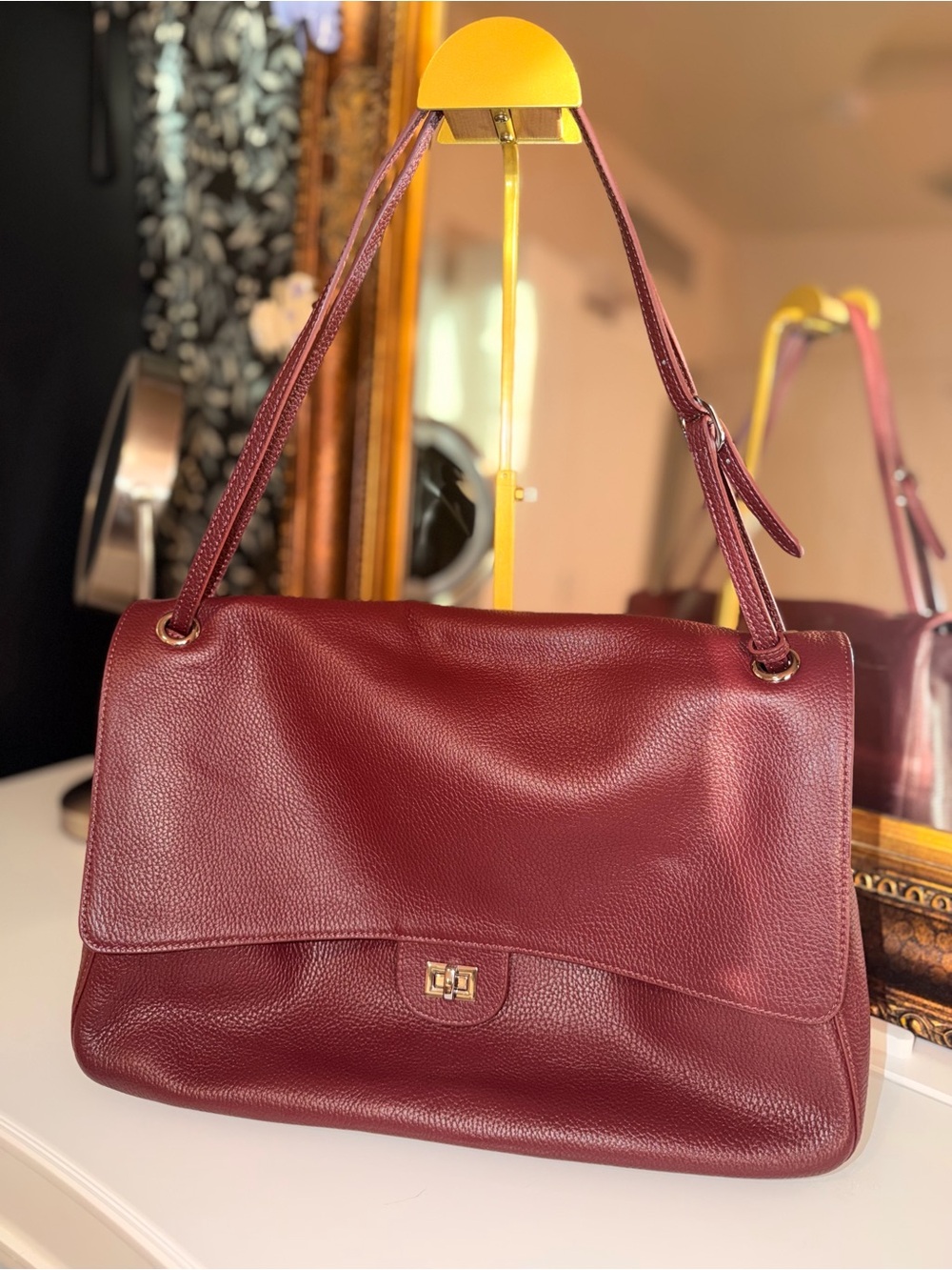 Pebbled Leather Shoulder Bag in Wine Red